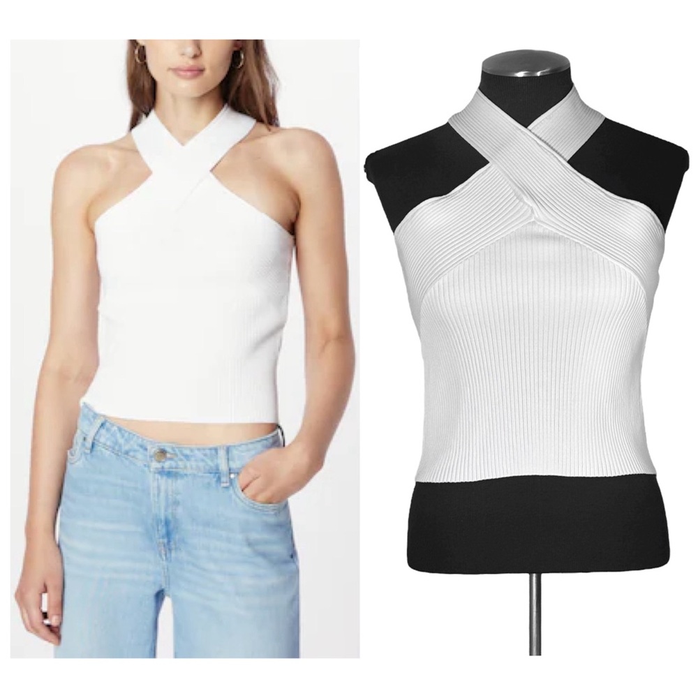 Topshop – White Ribbed Criss-Cross Sleeveless Halter Crop Top – Medium (8-10)